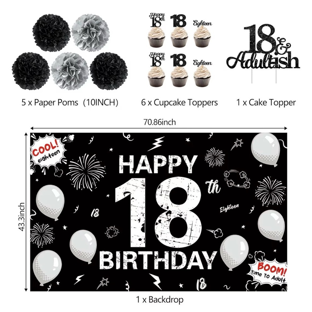 18th Bday Decorations. Time To Adult. Banners, Cake Toppers, Balloon, Streamers, - Picture 3 of 7